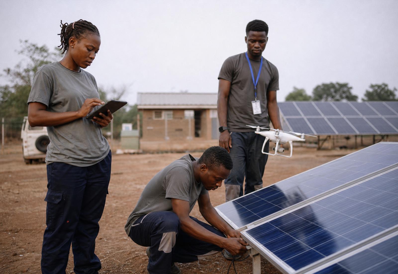 Engineers installing and inspecting solar panels at a rural micro-grid site in Africa